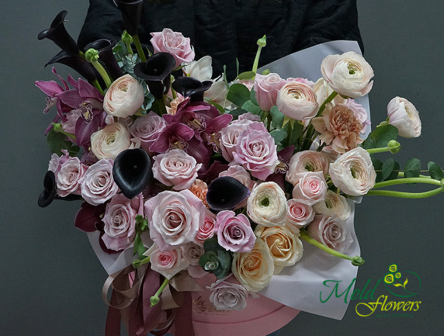 Pink Box with Black Calla Lilies and Orchid (made to order, 10 days) photo